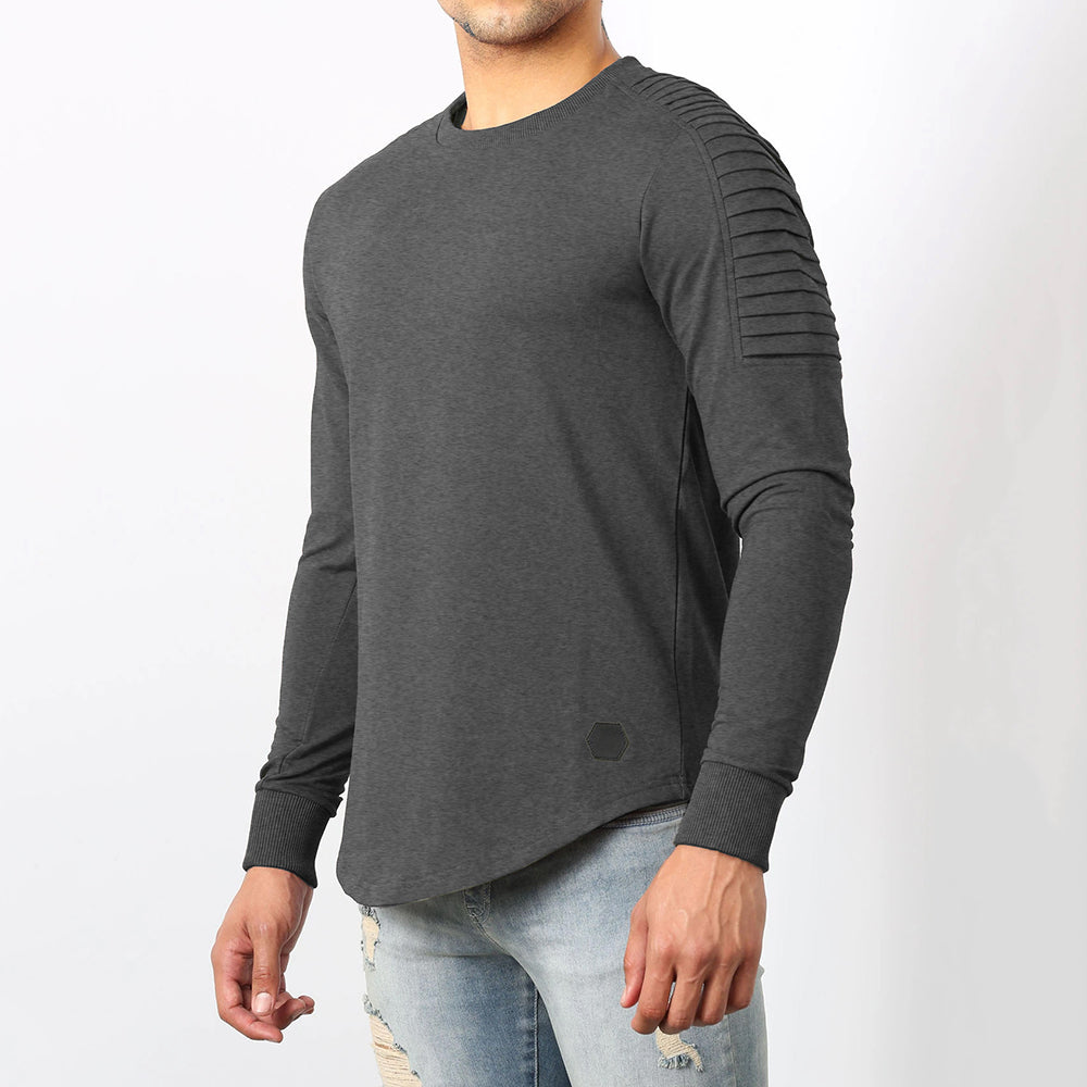 Men's Round Neck Solid Wrinkled Raglan Sleeve Pullover Shirt