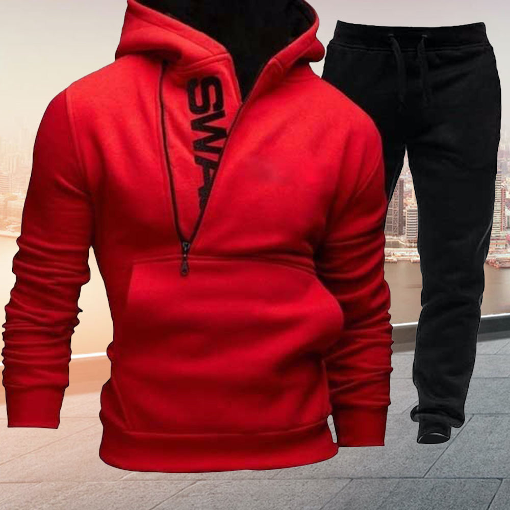  Men's Fleece Side Zip Contrast Pullover Sweatshirt Pants Set