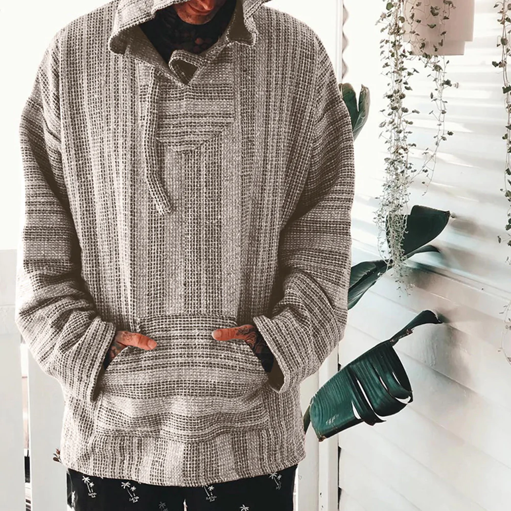  Vintage Striped Slip Pocket Hooded Sweatshirt